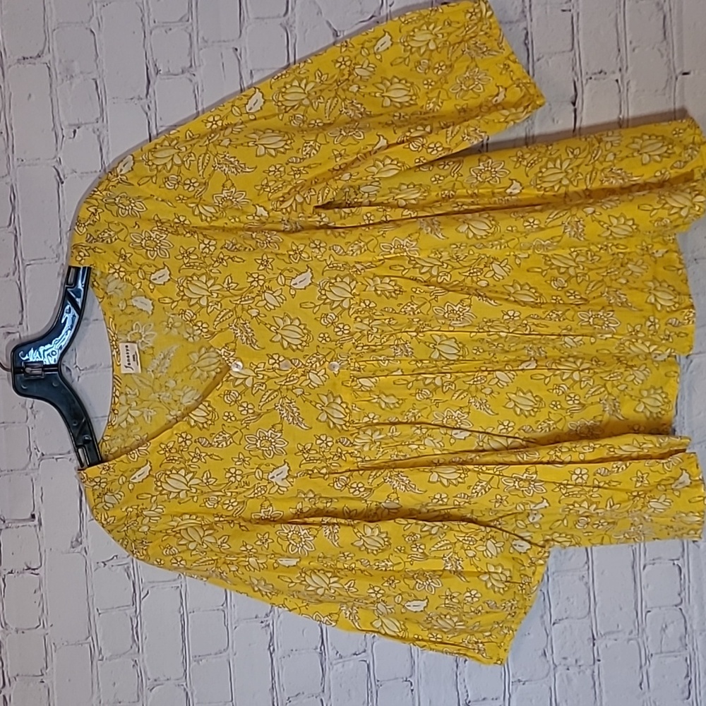 Women's Size 3X Pale Yellow Floral Half Sleeve Cotton Boho Top Blouse